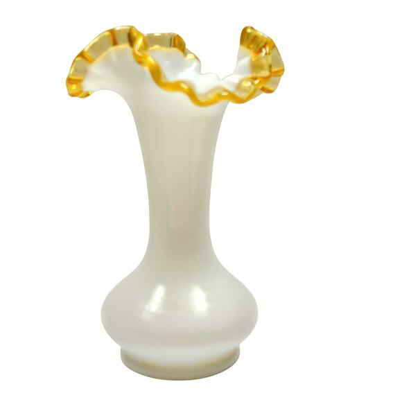 VTG 8" Double Crimped Ruffle Fenton Gold Crest Milk Glass Vase Transparent Gold - Picture 1 of 8